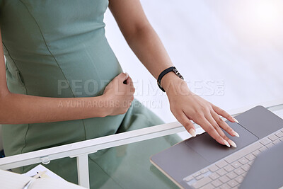 Buy stock photo Pregnant, woman and hand on stomach with laptop for work as office administrator for corporate company to manage tasks. Mom, maternity and scroll or typing for productivity, appointments and belly.