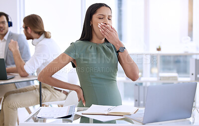 Buy stock photo Fatigue, business woman and pregnant with yawn and online at office work. Pregnancy, female employee and maternity of a worker with tired and burnout at a company for report deadline with notes