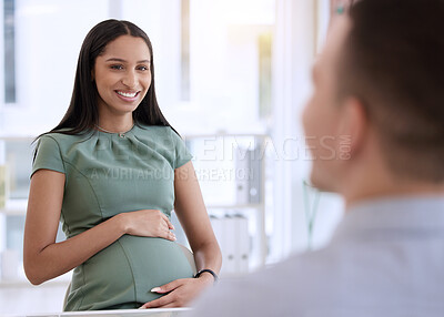 Buy stock photo Businesswoman, smile and pregnant in office with happiness for employee with love or pride. Stomach, mother and happy with ready or excited for maternity leave with abdomen or baby bump in Sweden.