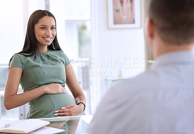 Buy stock photo Pregnant woman, discussion and smile in office at startup with human resources manager for maternity leave. Employee, people and happy with pregnancy, support or listen for career at creative agency