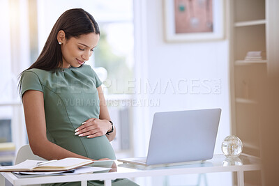 Buy stock photo Pregnant, laptop and businesswoman in home office with happiness for maternity with remote work. Smile, worker and technology with web designer or writer with computer for online blog in Canada.