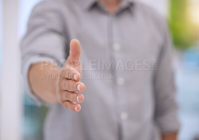 Buy stock photo Office, businessman and offer of handshake with greeting for recruitment, welcome and onboarding. Human Resources, man and hand with gesture at work for job interview, partnership and opportunity