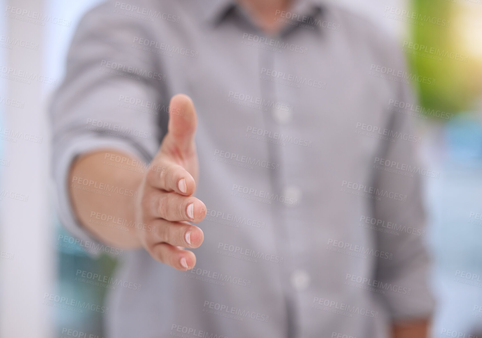 Buy stock photo Office, businessman and offer of handshake with greeting for recruitment, welcome and onboarding. Human Resources, man and hand with gesture at work for job interview, partnership and opportunity