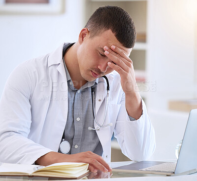 Buy stock photo Doctor, laptop and man in clinic with headache for surgery mistake, migraine pain and test results for cancer. Male surgeon, stress and tech at desk with 404 glitch for online article and brain fog