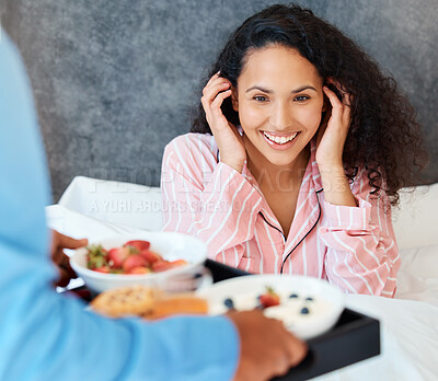 Buy stock photo Bedroom, happy woman and breakfast for anniversary celebration, surprise and special birthday. Morning, love and romance of married couple with fruit, food and pancakes on tray for partner at home