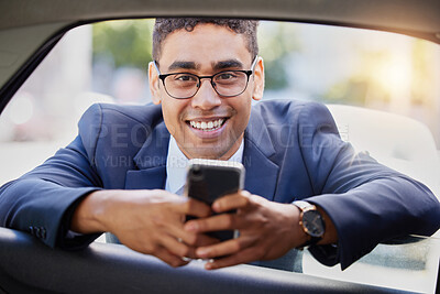 Buy stock photo Car window, phone and portrait of business man in suit for morning commute or travel to work. Face, drive or transport and happy corporate employee with mobile for communication or social media