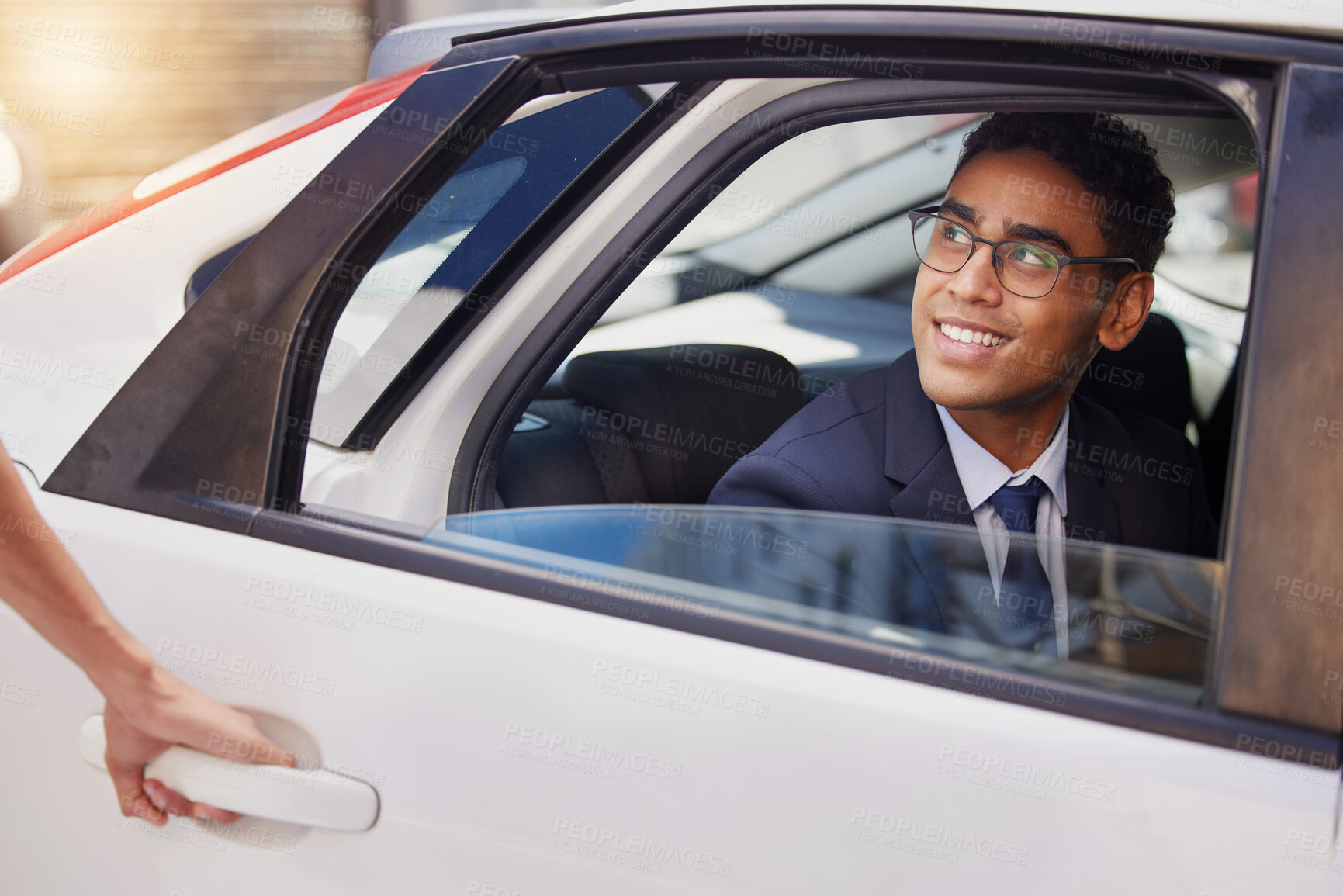 Buy stock photo Business, man and backseat of taxi for transport with smile as chauffeur, work and journey to meeting proposal. Happy, person and car by window in city to drive, travel and commute to airport