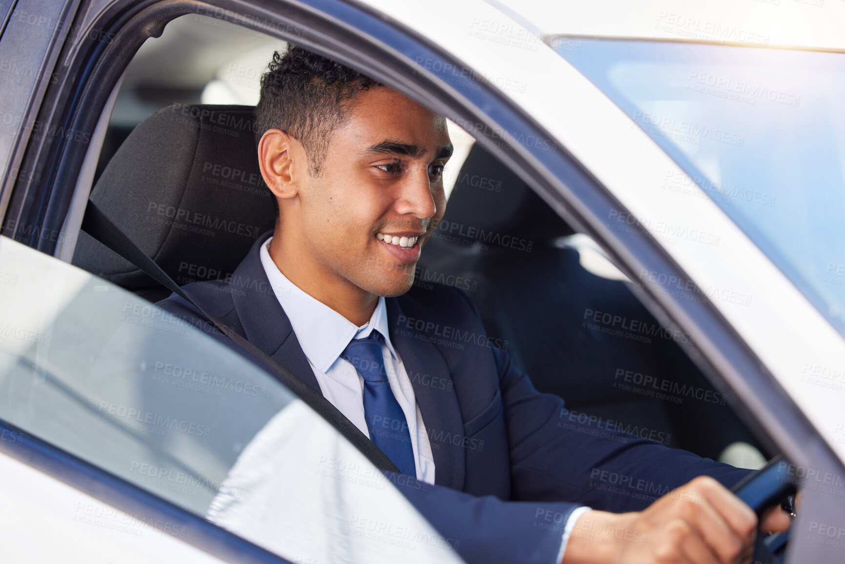 Buy stock photo Happy businessman, driving and commute with car for travel, destination or transport in city. Man, driver or employee on route to work with smile for business trip, opportunity or location in vehicle