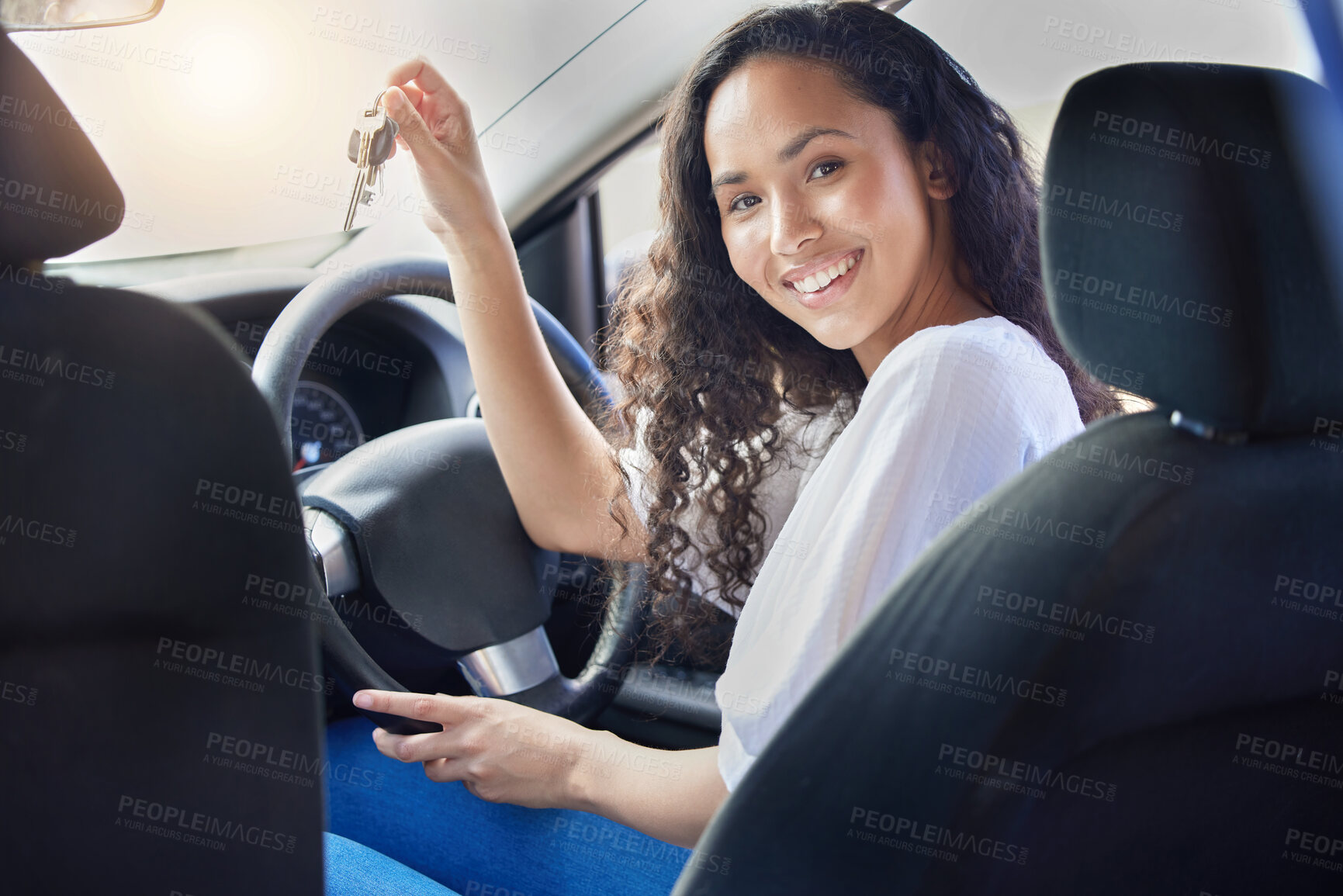 Buy stock photo Happy, woman and key for new car in portrait with freedom, transportation and travel on road as legal driver. Smile, female person and purchase of vehicle, insurance and   owner by wheel with license