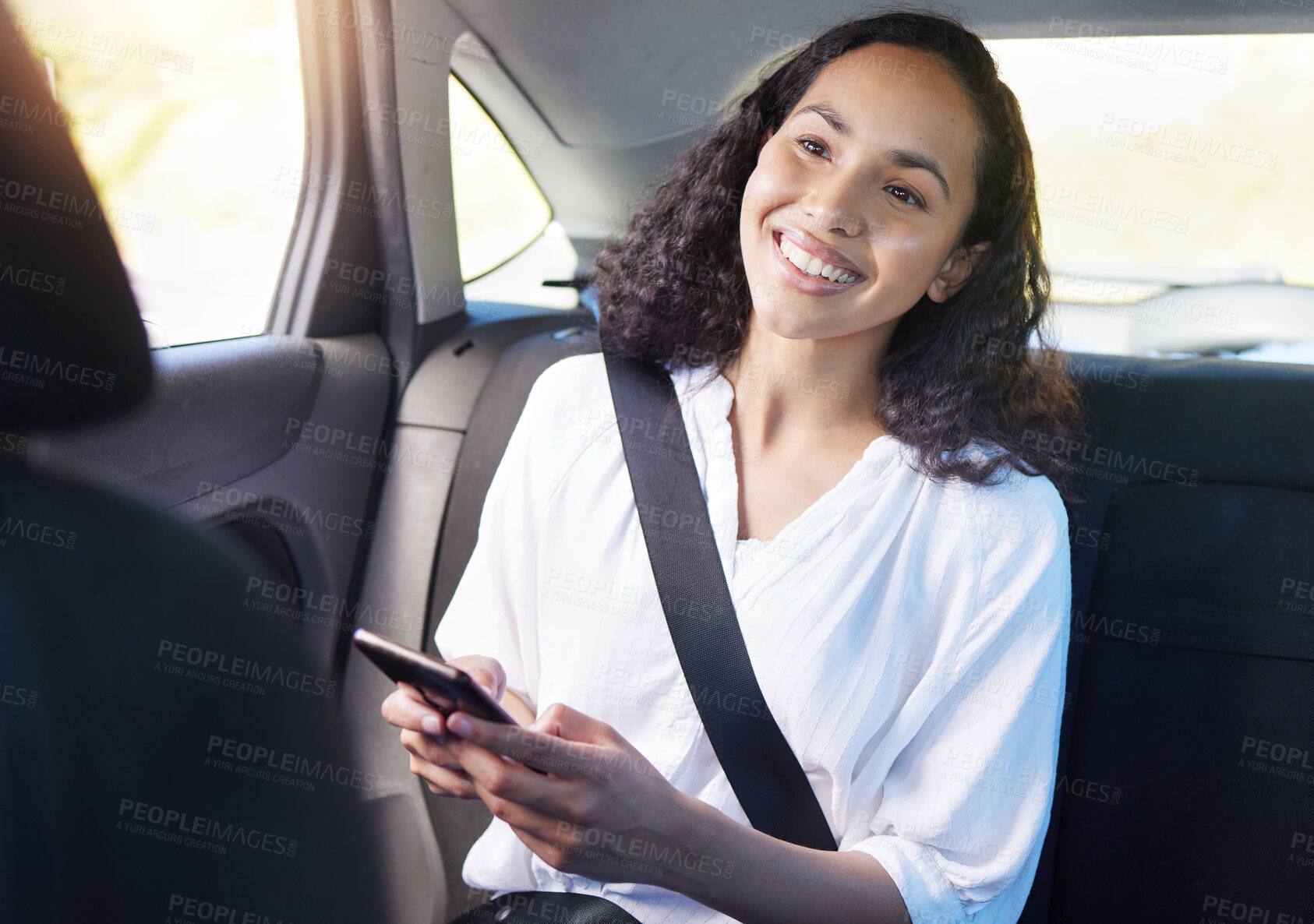 Buy stock photo Smile, woman in backseat of taxi and phone for typing on mobile app for transport or gps location search. Travel service, commute and happy passenger in cab with cellphone for destination tracking.