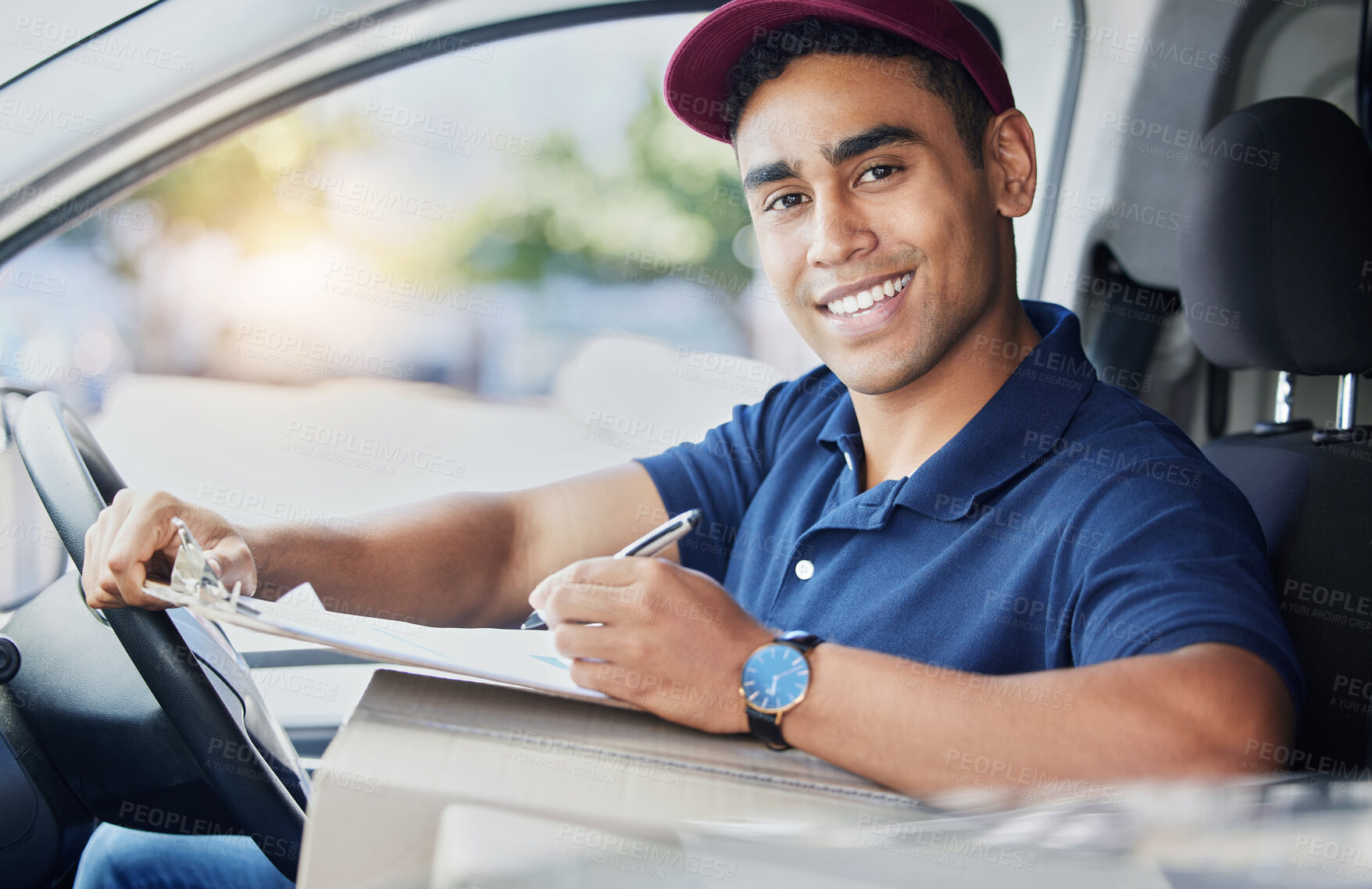 Buy stock photo Delivery, checklist and portrait of man in van for shipping, logistics and supply chain forms. Ecommerce, online shopping and happy male driver with product list to deliver package, parcel and order