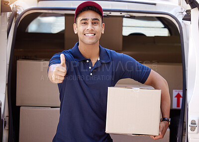 Buy stock photo Delivery, thumbs up and portrait of man with box for shipping, logistics and supply chain. Ecommerce, online shopping and male driver with thank you hand sign to deliver package, parcel and order