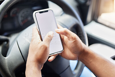 Buy stock photo Mockup, phone screen and hands of man in care for website, communication and social media app. Technology, contact and digital with closeup of person in vehicle for network, connection and internet