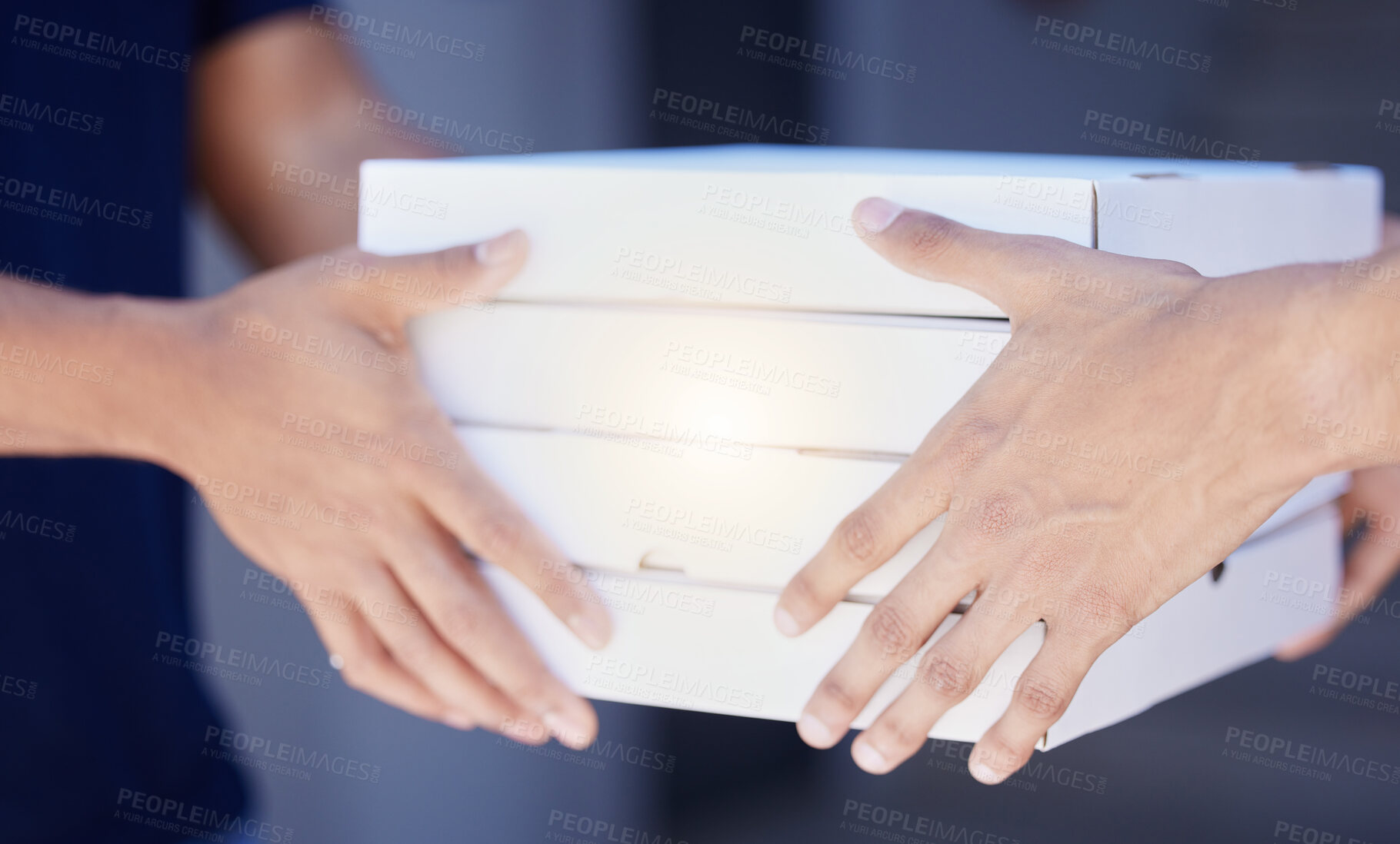 Buy stock photo Closeup, hands and pizza for delivery with boxes, courier working with food for customer. Zoom, package and service for lunch with shipping and container, takeaway or fast food at front door