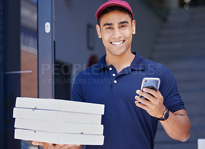 Buy stock photo Portrait, delivery guy and phone for takeaway, pizza and outdoor with boxes, smile and online for app. Employee, mobile and man with fast food, happy and order of e commerce, lunch and distribution