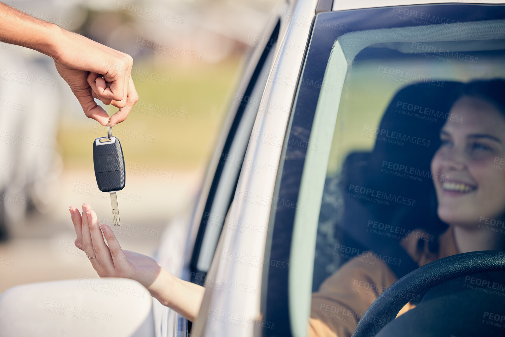 Buy stock photo Hands, woman and happy in car with keys as customer, driver and satisfied with purchase at dealership. Female person, vehicle and smile for payment, buying and savings for shopping and owner