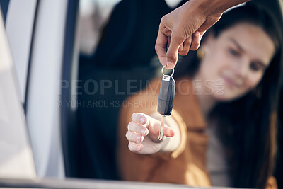 Buy stock photo Shot of a unrecognizable woman getting her new car key outside