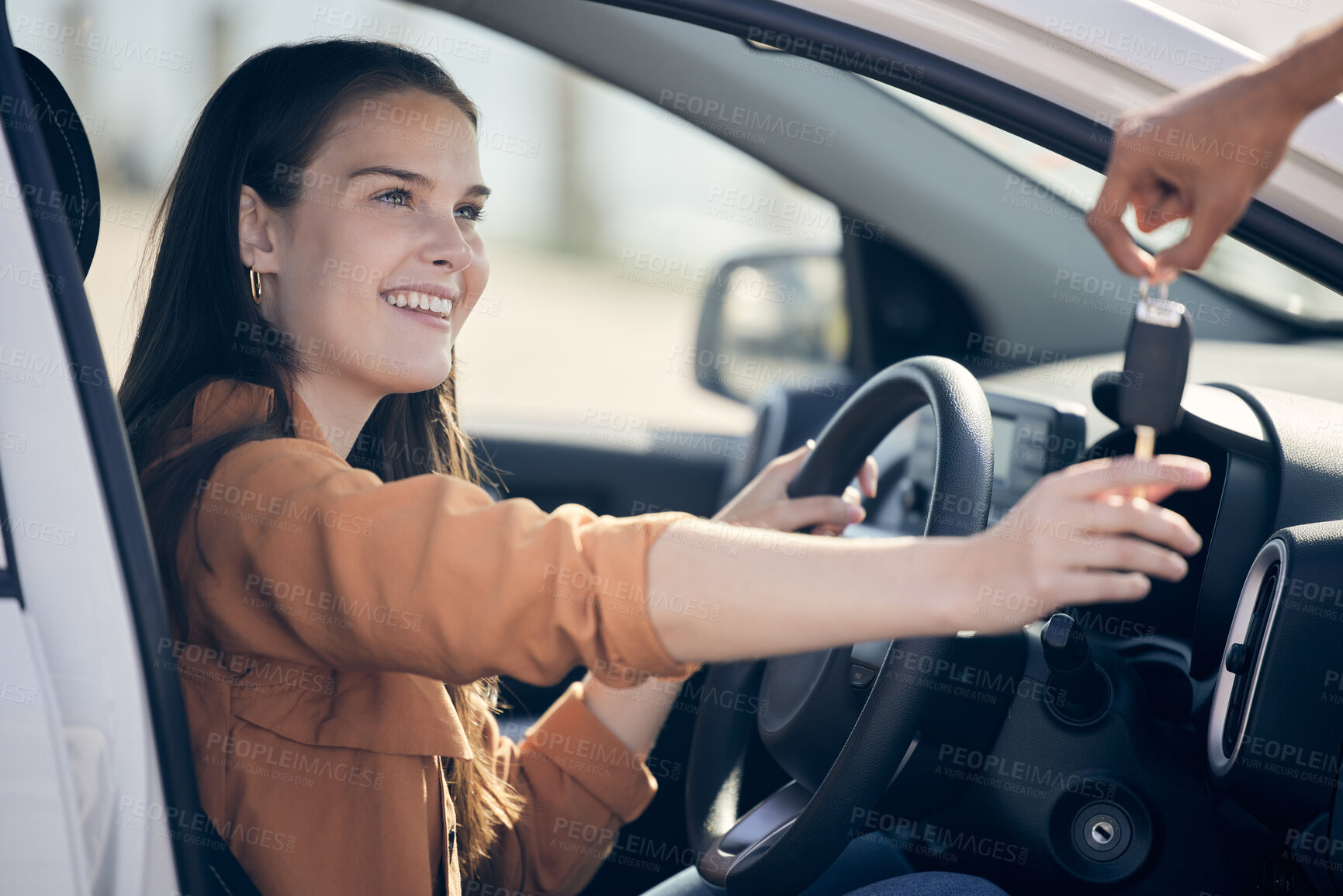 Buy stock photo Happy, car and woman with keys in hands for purchase, payment and buying new vehicle for travel. Excited customer, dealership and person ready to drive with success, savings achievement and shopping