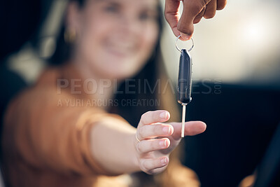 Buy stock photo Hands, woman and smile in car with keys as customer, driver and satisfied with purchase at dealership. Female person, vehicle and happy for payment, buying and savings for shopping and owner