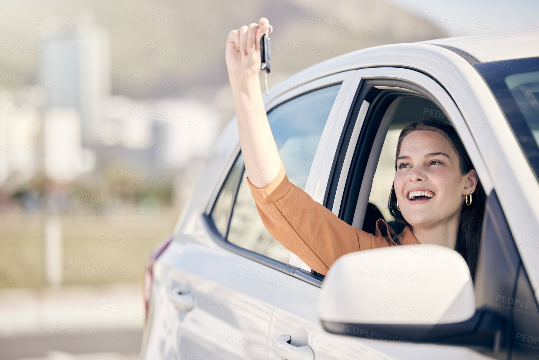 Buy stock photo Outdoor, woman and happy in car with keys as customer, driver and satisfied with purchase at dealership. Female person, vehicle and smile for payment, buying and savings for shopping and owner