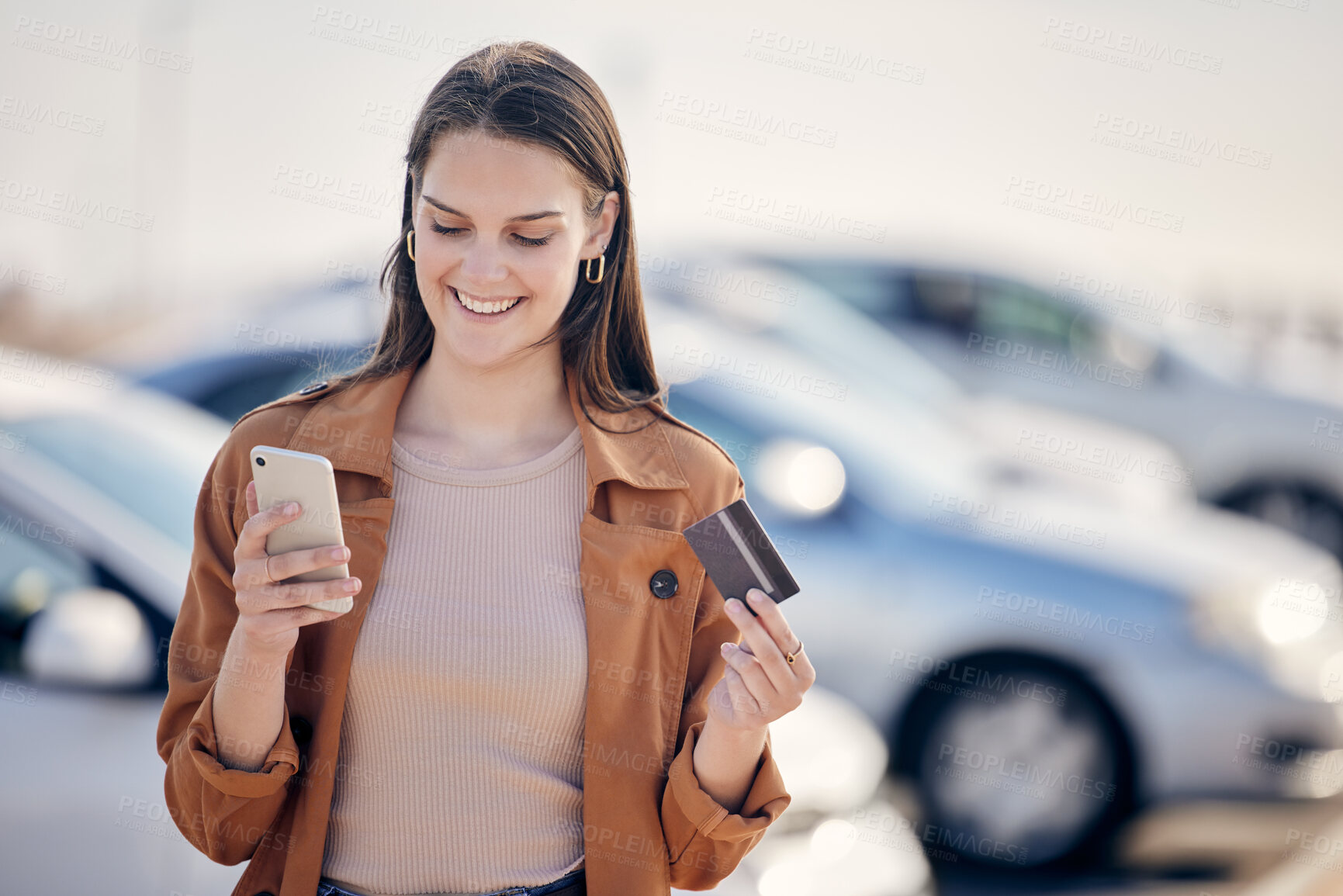 Buy stock photo Credit card, phone and a woman with a car payment, online shopping or ecommerce with a smile. Happy, pay and a customer buying a product on a mobile app, banking or paying transport installment