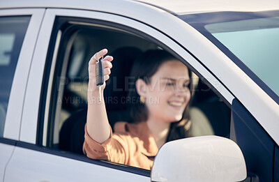 Buy stock photo Window, woman and happy in car with keys as customer, driver and satisfied with purchase at dealership. Female person, vehicle and smile for payment, buying and savings for shopping and owner