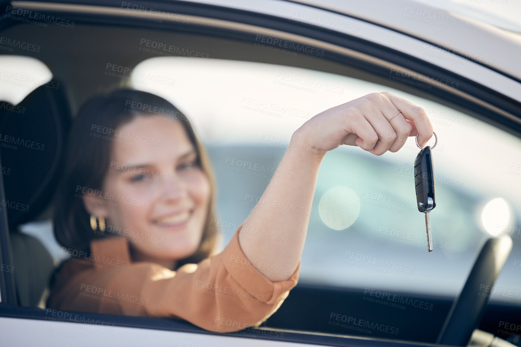 Buy stock photo Portrait, woman and smile in car with keys as customer, driver and satisfied with purchase at dealership. Female person, vehicle and happy for payment, buying and savings for shopping and owner