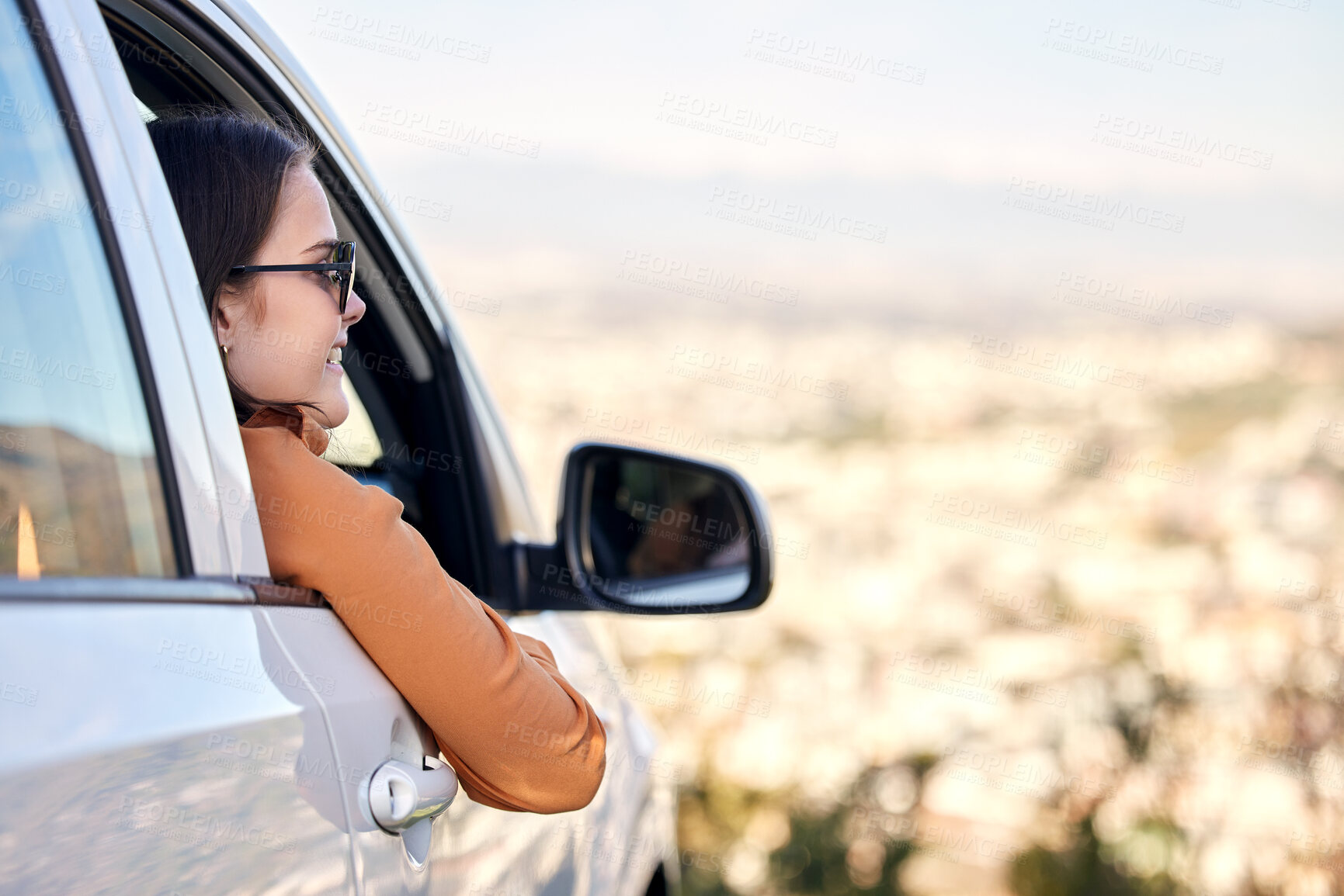 Buy stock photo Woman, window and car for road trip, adventure and freedom in countryside while on vacation on weekend. Travel influencer, glasses and vehicle while driving to explore scenery, work and happiness