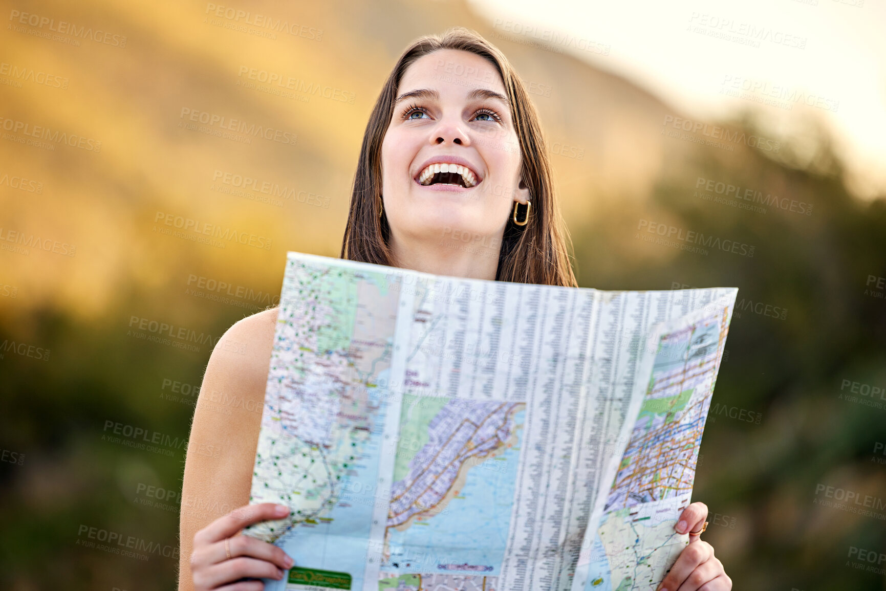 Buy stock photo Outdoor, travel and woman with map, smile and nature with adventure, getaway trip and excited for journey. Person, explore and girl with paper for direction, location and hiking with summer or health