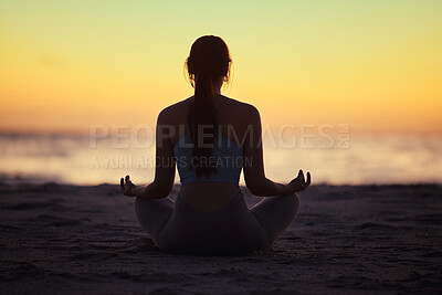 Buy stock photo Silhouette, lotus and woman at beach for yoga exercise, meditation or mindfulness in summer at sunset. Back, padmasana and girl at ocean for balance, spiritual peace and calm on mockup space at sea