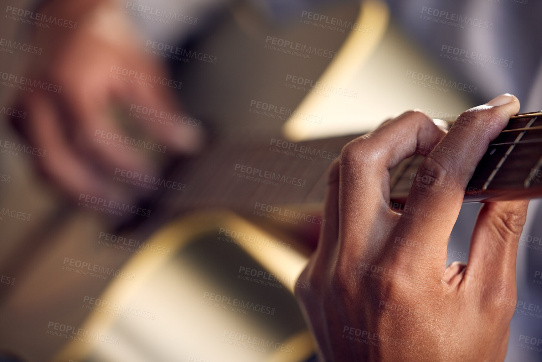 Buy stock photo Playing guitar, learning and hands of man on instrument for music and strumming for entertainment. Jazz, talent and closeup of a male musician with acoustic music, practicing and instrumental hobby