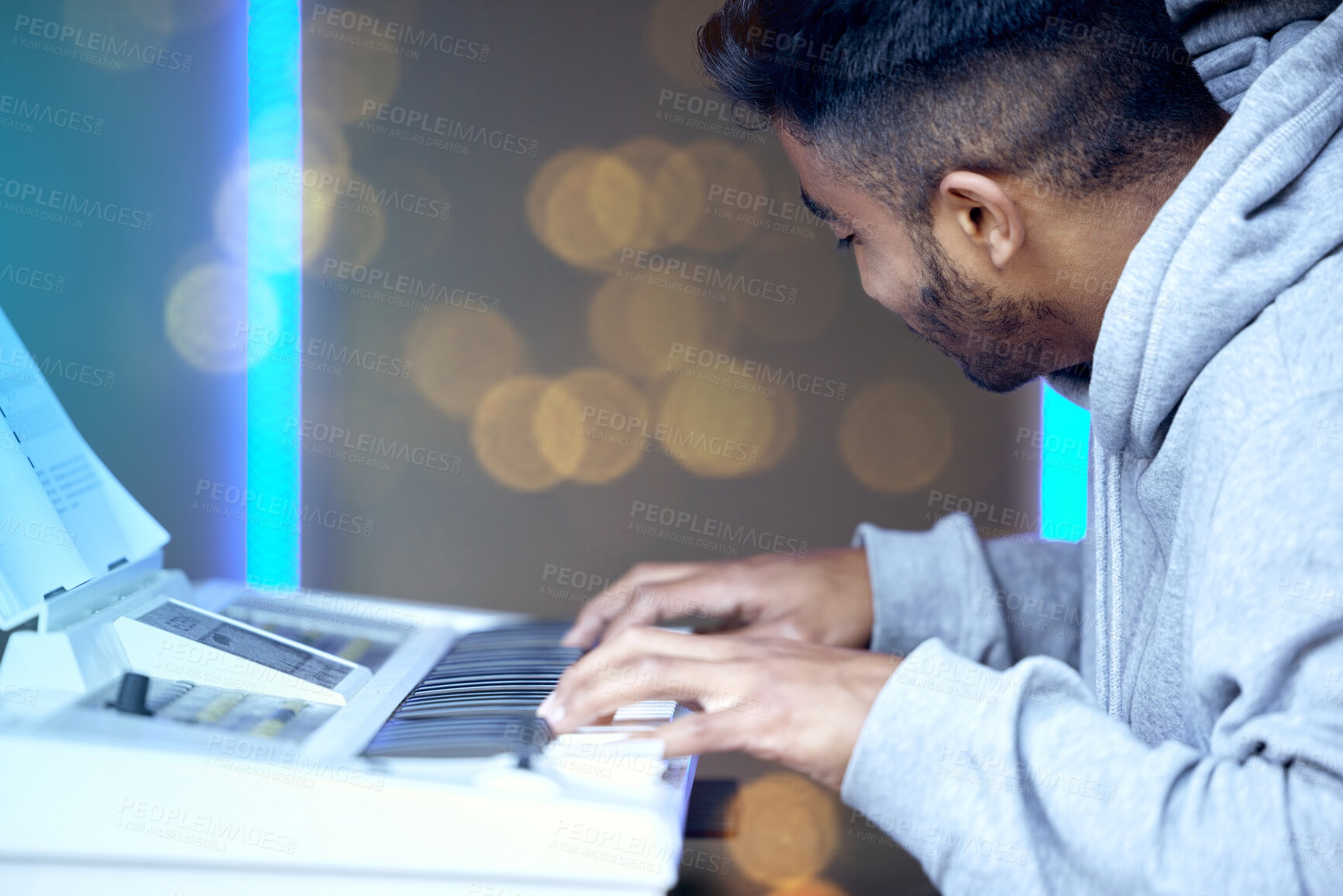 Buy stock photo Man, keyboard for music and concert with creative talent, sound or audio with musician at jazz festival. Performance, entertainment and artist with piano, electric keys and band for art and musical