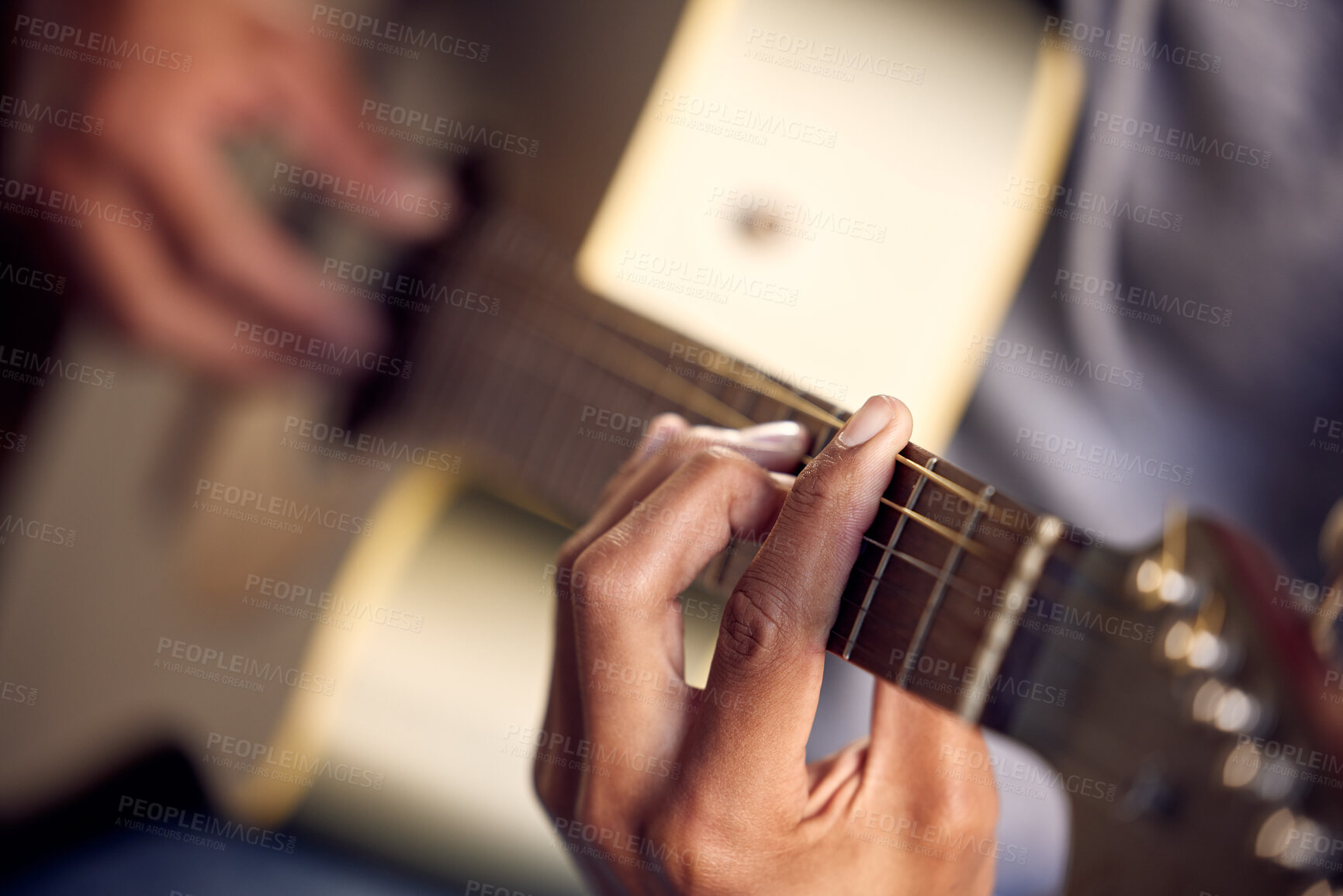 Buy stock photo Playing guitar, music and hands of a man on an instrument, learning and strumming for entertainment. Jazz, talent and closeup of a male musician with acoustic music, practicing and instrumental hobby