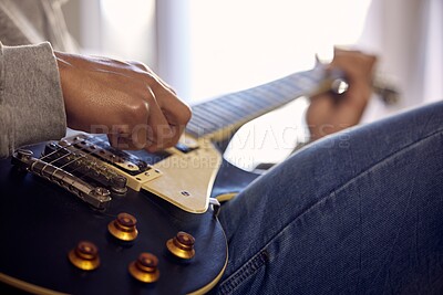 Buy stock photo Musician, hands and play guitar in house for jazz music, talent and practice for performance at studio. Guitarist, sound and person with acoustic instrument in home for learning, creative and closeup