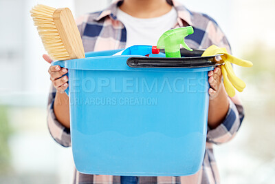 Buy stock photo Bucket, cleaning and hands with product, house and wellness of person, safety and protection from bacteria. Home, health and brush in container with bottle of disinfectant, chemical and spray