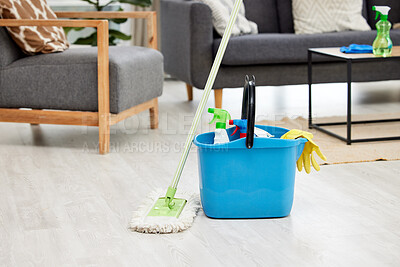 Buy stock photo Cleaning, floor and bucket with mop in home for hygiene, disinfection and bacteria for maid service. Housekeeping, spring clean and wash tools with detergents, spray bottle and products in container