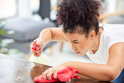 Buy stock photo Woman, cleaning and spray for counter in home, maid and chemical disinfection for hygiene. Female person, dust and fabric or cloth to tidy, wipe bacteria and gloves to protect from germs or dirt