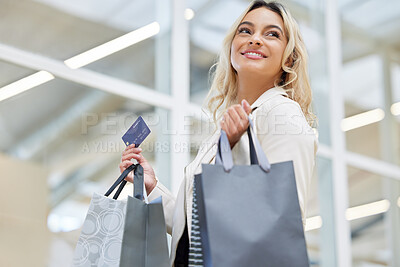 Buy stock photo Shopping bag, smile or happy woman with credit card in mall for bargain, choice or financial payment. Sale, fashion deal or excited customer with package for purchase, clothes offer or retail promo