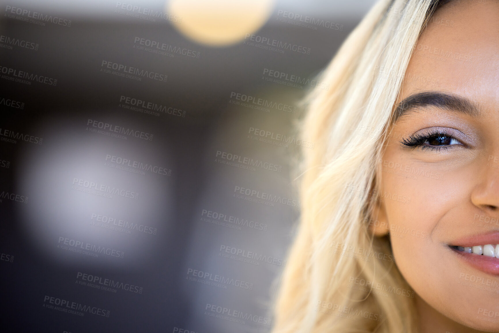 Buy stock photo Face, mockup and half of girl with beauty, makeup and skincare on bokeh background with happiness, Woman, smile and dermatology cosmetics promo info or announcement in space with headshot of model