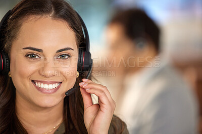 Buy stock photo Business woman, smile portrait and call center with telemarketing and contact us talk. Female worker, consultant and crm employee with headset on customer service and consulting job in office