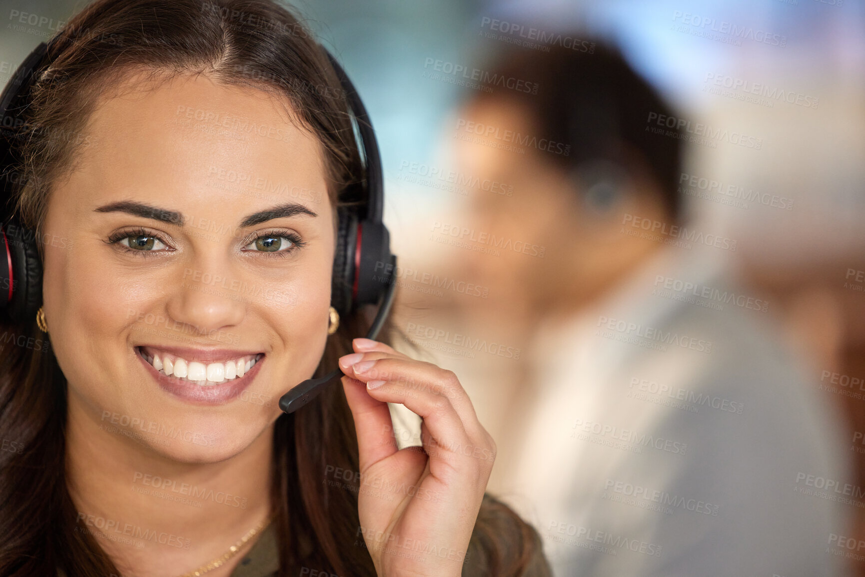 Buy stock photo Business woman, smile portrait and call center with telemarketing and contact us talk. Female worker, consultant and crm employee with headset on customer service and consulting job in office