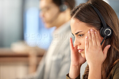 Buy stock photo Woman, call centre and headache in office, burnout and secretary or assistant stress for fail. Female person, migraine and receptionist for temple massage, customer service and profile for mistake