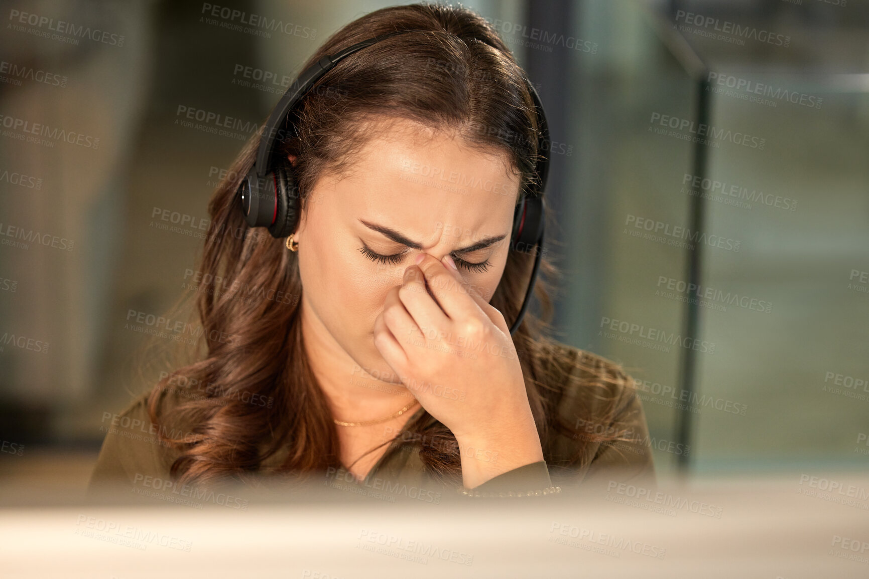 Buy stock photo Stress, call center and woman with a headache, telemarketing and overworked with burnout. Female person, consultant and agent with a migraine, anxiety and customer service with crm and tech support