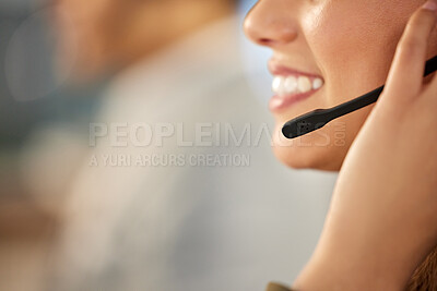 Buy stock photo Call center, microphone and mouth of woman agent talking for customer service, crm or telemarketing. Smile of consultant person with headset for sales, contact us and help desk support, mockup space