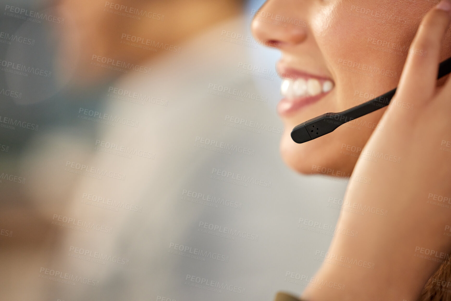 Buy stock photo Call center, microphone and mouth of woman agent talking for customer service, crm or telemarketing. Smile of consultant person with headset for sales, contact us and help desk support, mockup space