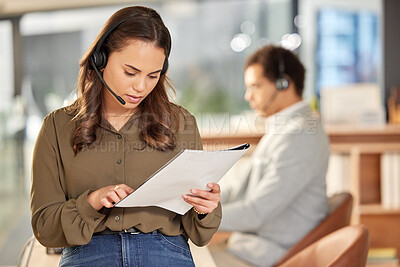 Buy stock photo Business woman, reading and call center paperwork with telemarketing and contact us data. Female worker, consultant and crm employee with notes on customer service and consulting job in office