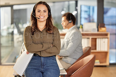 Buy stock photo Business woman, portrait and call center arms crossed with telemarketing and contact us data. Female worker, consultant and crm employee with notes on customer service and consulting job in office