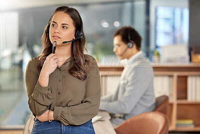 Buy stock photo Call center, headset and woman thinking of solution for customer service, crm or telemarketing. Face consultant, agent or manager person think of answer for sales, contact us and help desk support