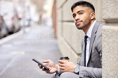 Buy stock photo Coffee, thinking and businessman with phone in city for social media, travel and serious salesman planning future. Mobile, idea and professional in street outdoor for decision, dream or brainstorming