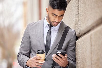 Buy stock photo Coffee, serious and businessman with phone in city for social media, travel and salesman reading email on internet. Mobile, drink and professional outdoor on website, online and network on news app